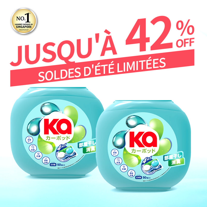 Promo image for KaPOD laundry capsules with up to 42% off for summer sales, highlighting effective cleaning power.